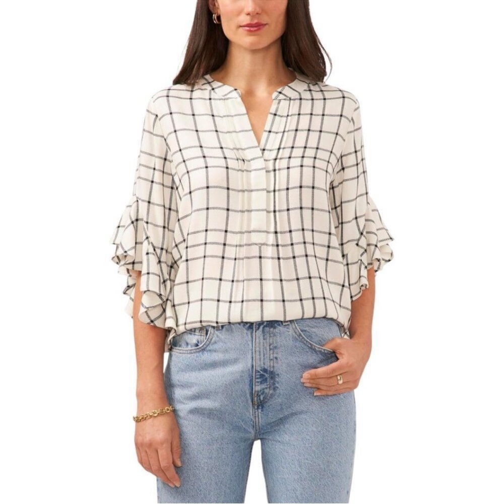 Vince Camuto Pin Tuck Ruffle Sleeve Blouse Black White Size L NWT